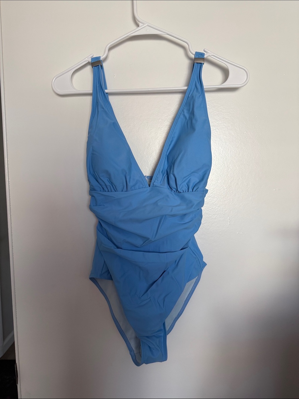 Light Blue One-Piece Swimsuit - V-Neck Ruched Front